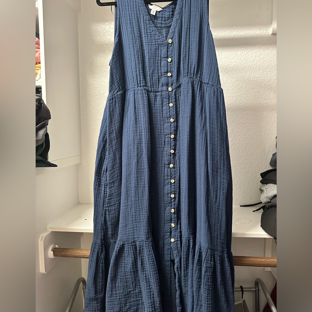 Navy tiered maxi dress with buttons and pockets